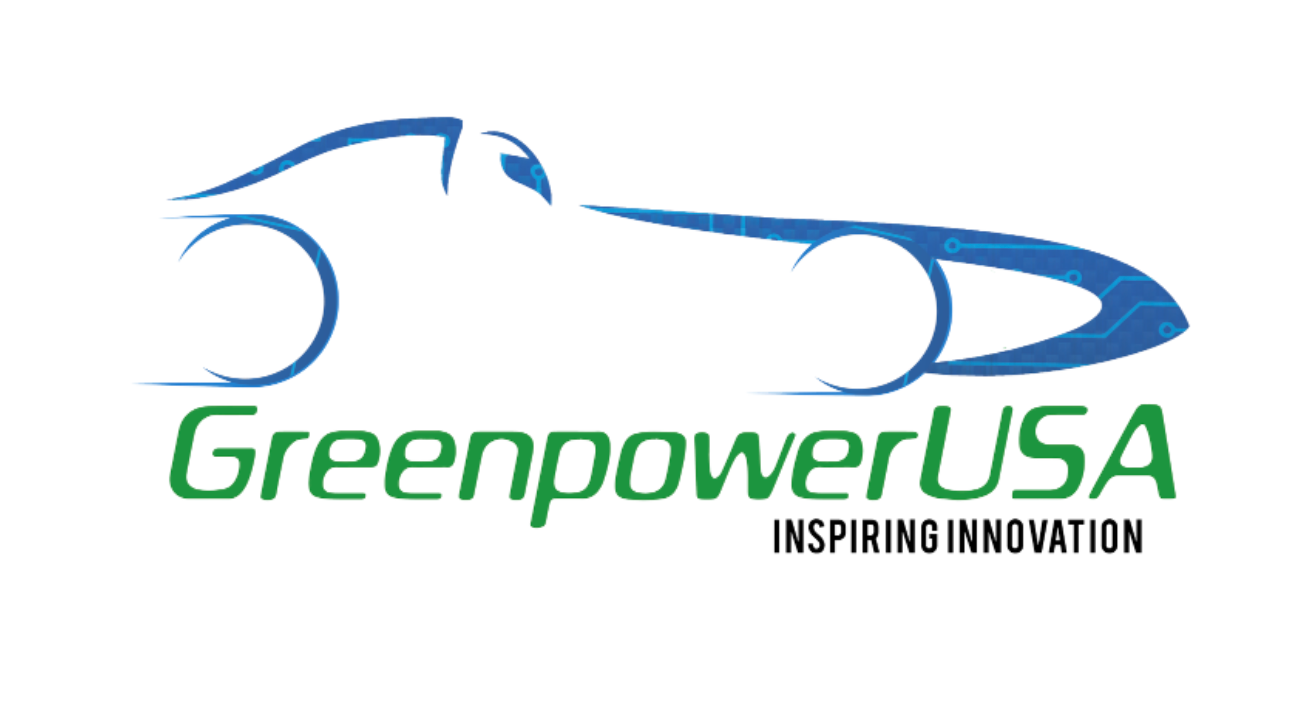Logo for Greenpower featuring a checkered green oval with a lightning bolt and the company name.