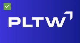 Blue PLTW logo with a small green checkmark icon in the top left corner
