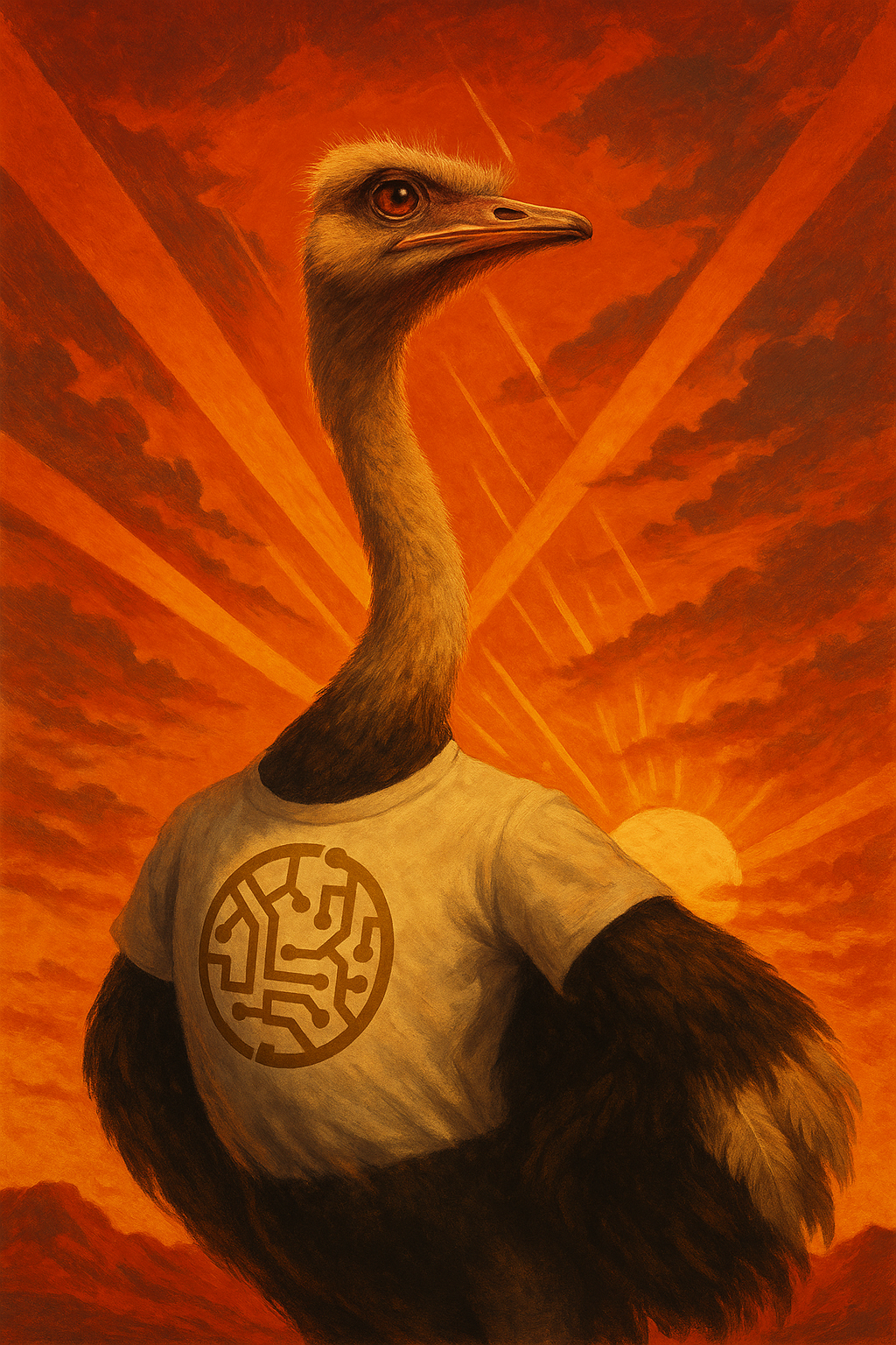 Ostrich wearing a t-shirt with a circuit board design, standing in front of a sunset.