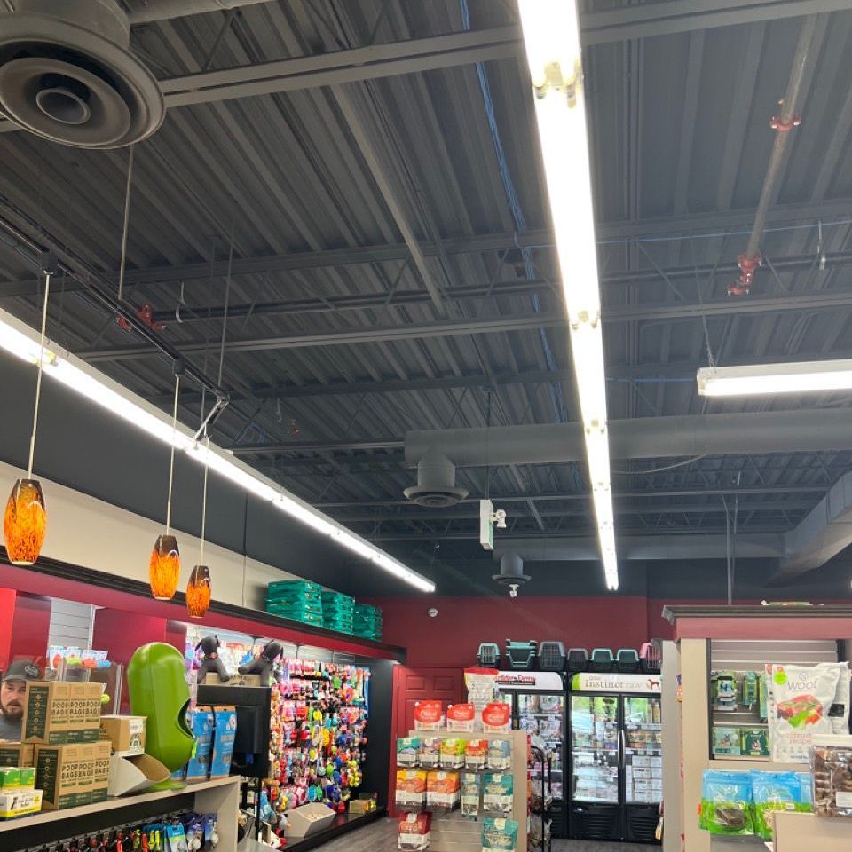 The inside of a store with lots of shelves and lights