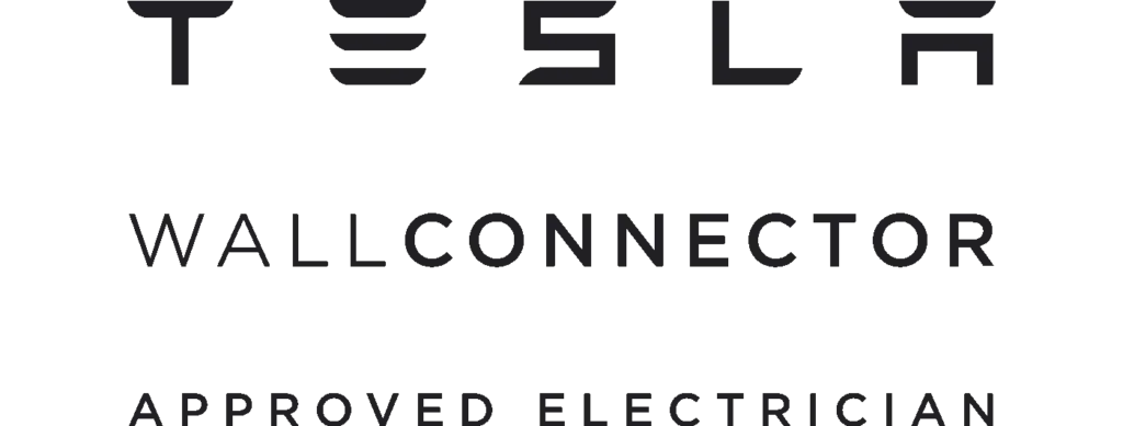 A tesla wallconnector approved electrician logo on a white background.