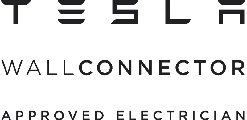 A tesla wallconnector approved electrician logo on a white background.