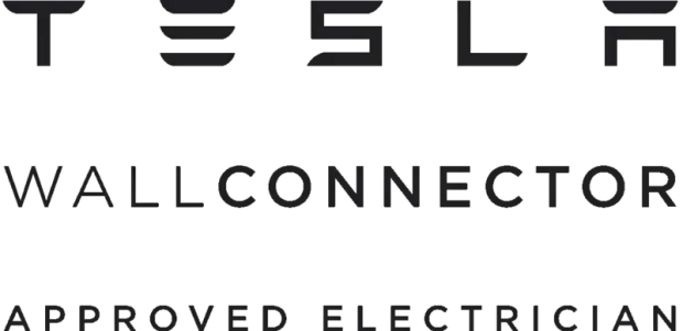 A tesla wallconnector approved electrician logo on a white background.