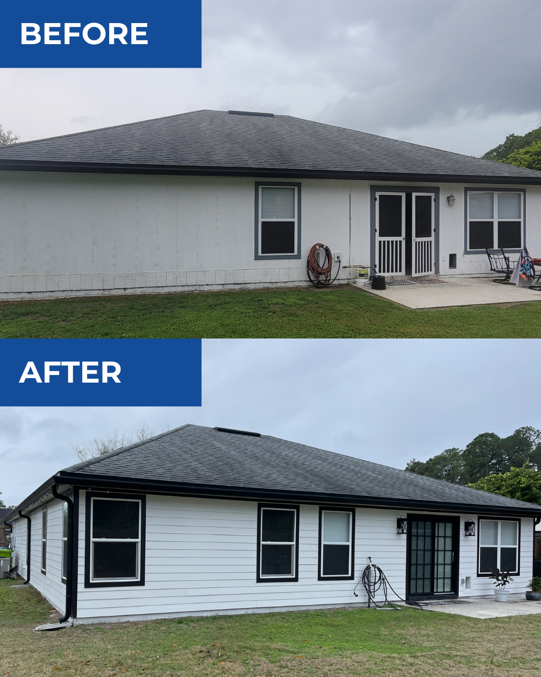 A before and after picture of a house with a black roof.
