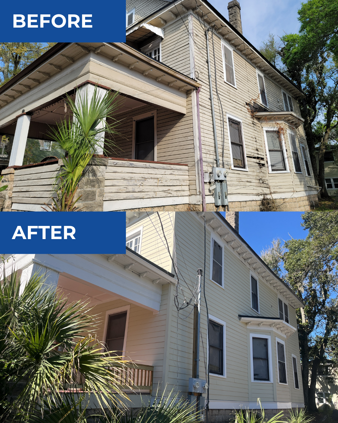 A before and after picture of a house with a porch.