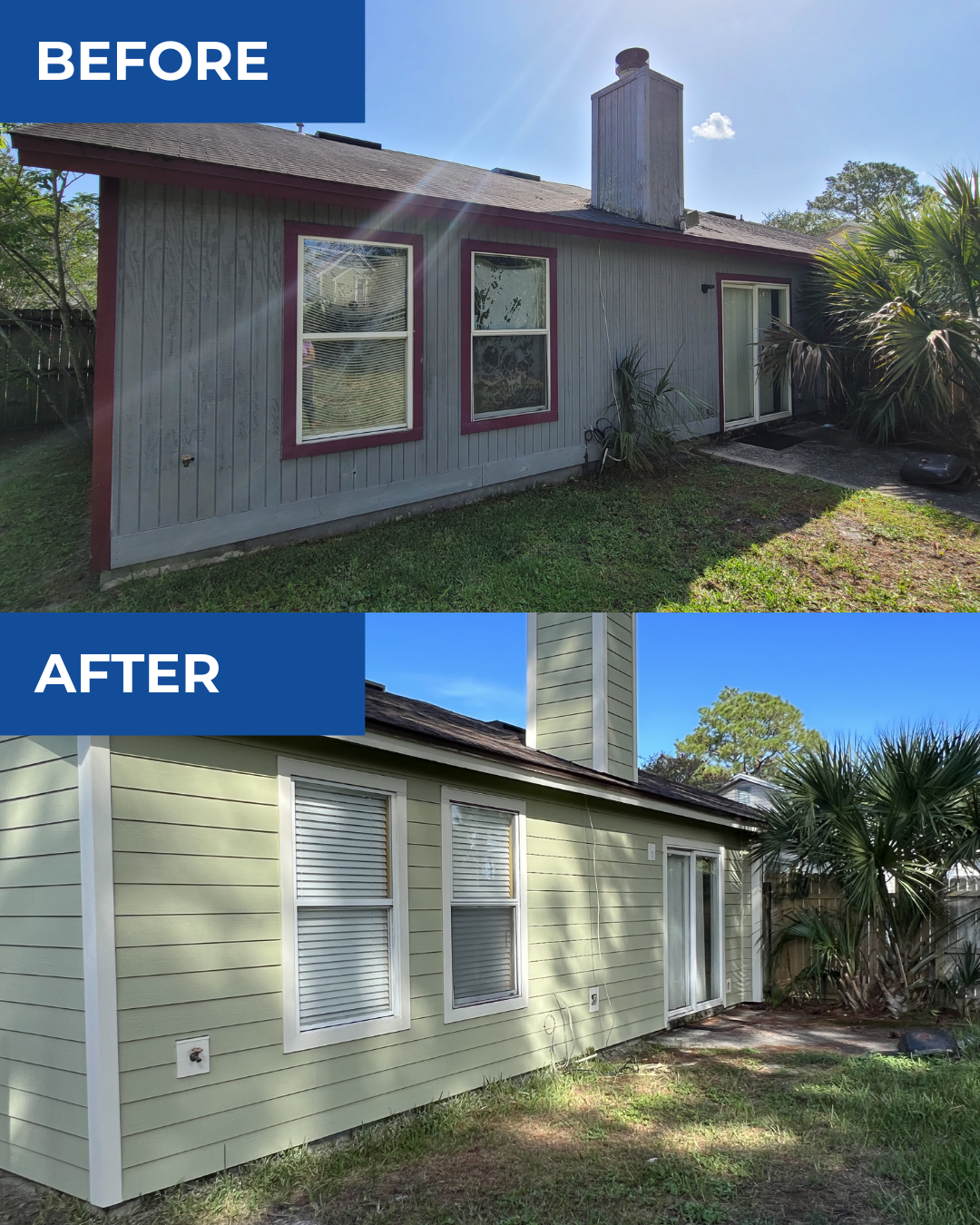 A before and after picture of a house with a chimney