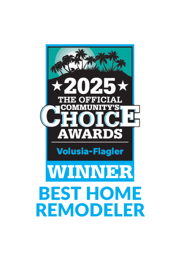 2025 Community's Choice Awards winner: Best Home Remodeler for Volusia-Flagler. Features palm trees, blue, and white.