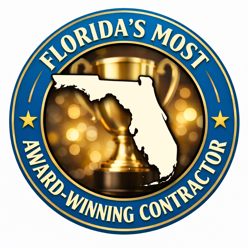 Florida's Most Award-Winning Contractor logo: Gold trophy with Florida outline on a blue and gold badge.