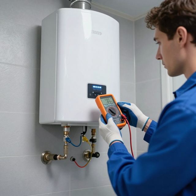 Technician in blue uniform testing a white wall-mounted boiler with a digital multimeter