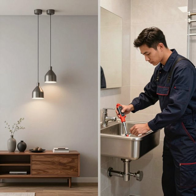 Technician fixing a kitchen sink faucet in a modern room with pendant lights and a wooden cabinet.