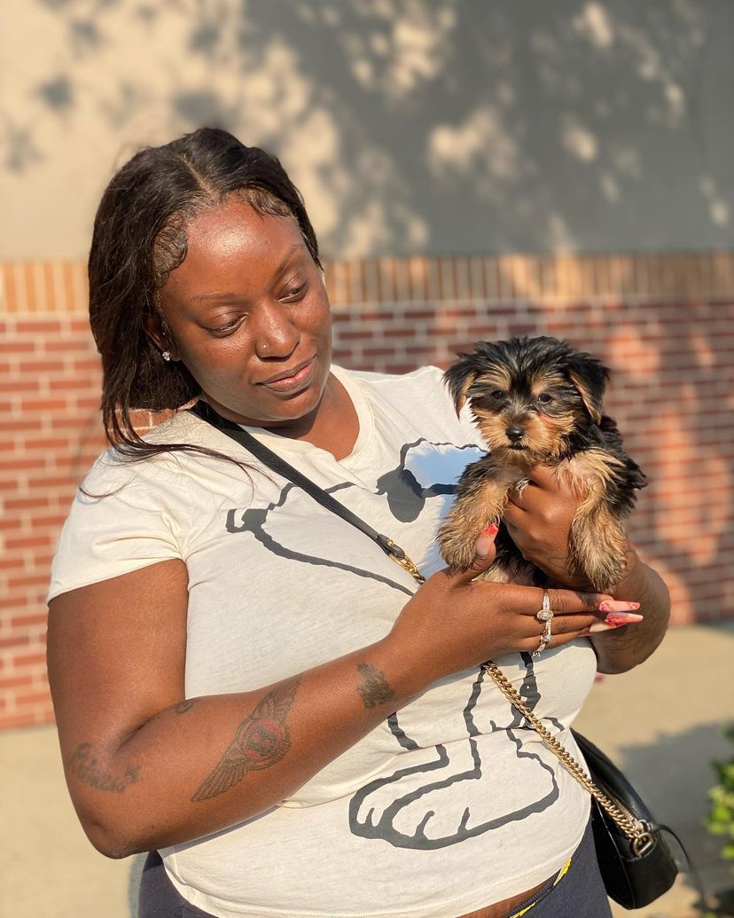 A woman is holding a small puppy in her arms.