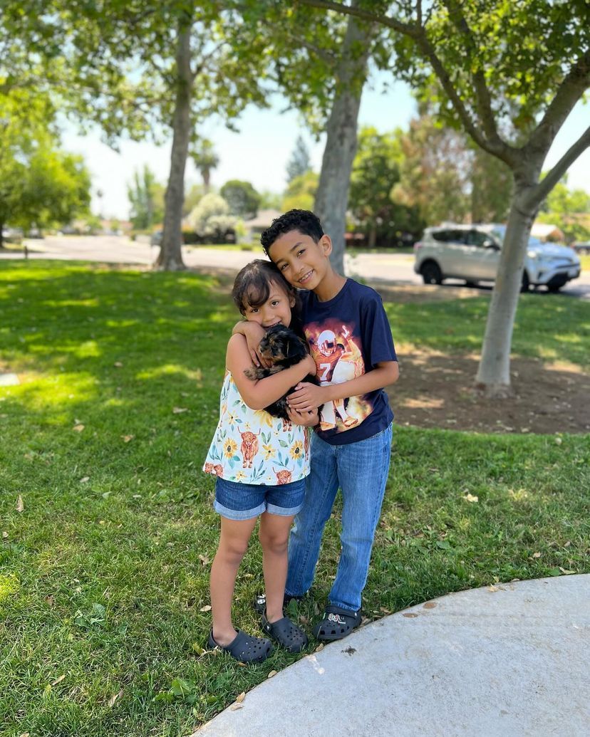 A boy and a girl are holding a puppy in a park.