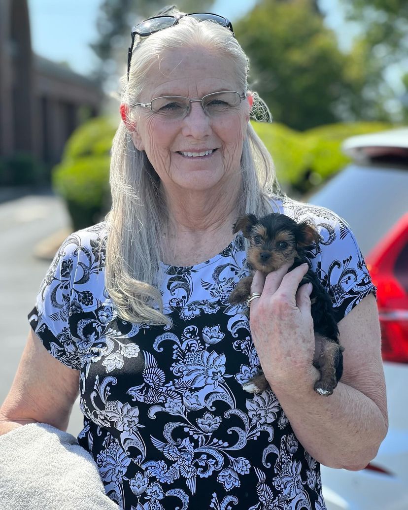 A woman is holding a small puppy in her hands