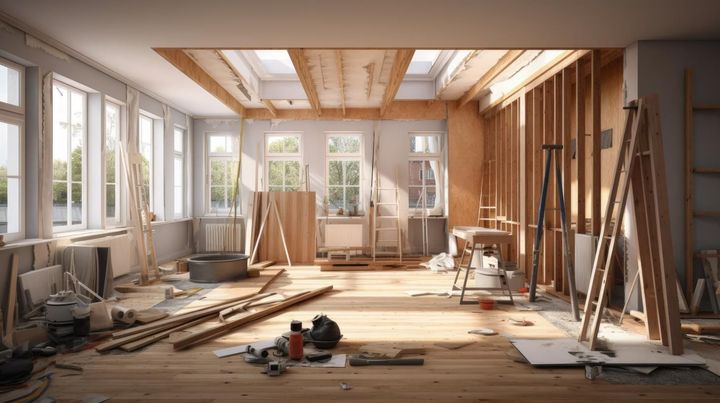 A room under construction with wooden floors and a lot of windows.