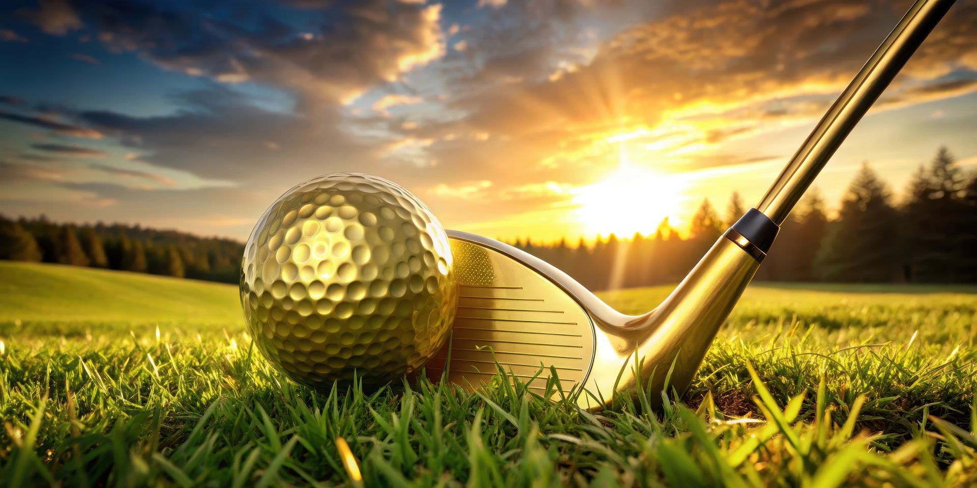 A golf ball rests in a field of white daisies overlooking a scenic golf course and lake at sunset.