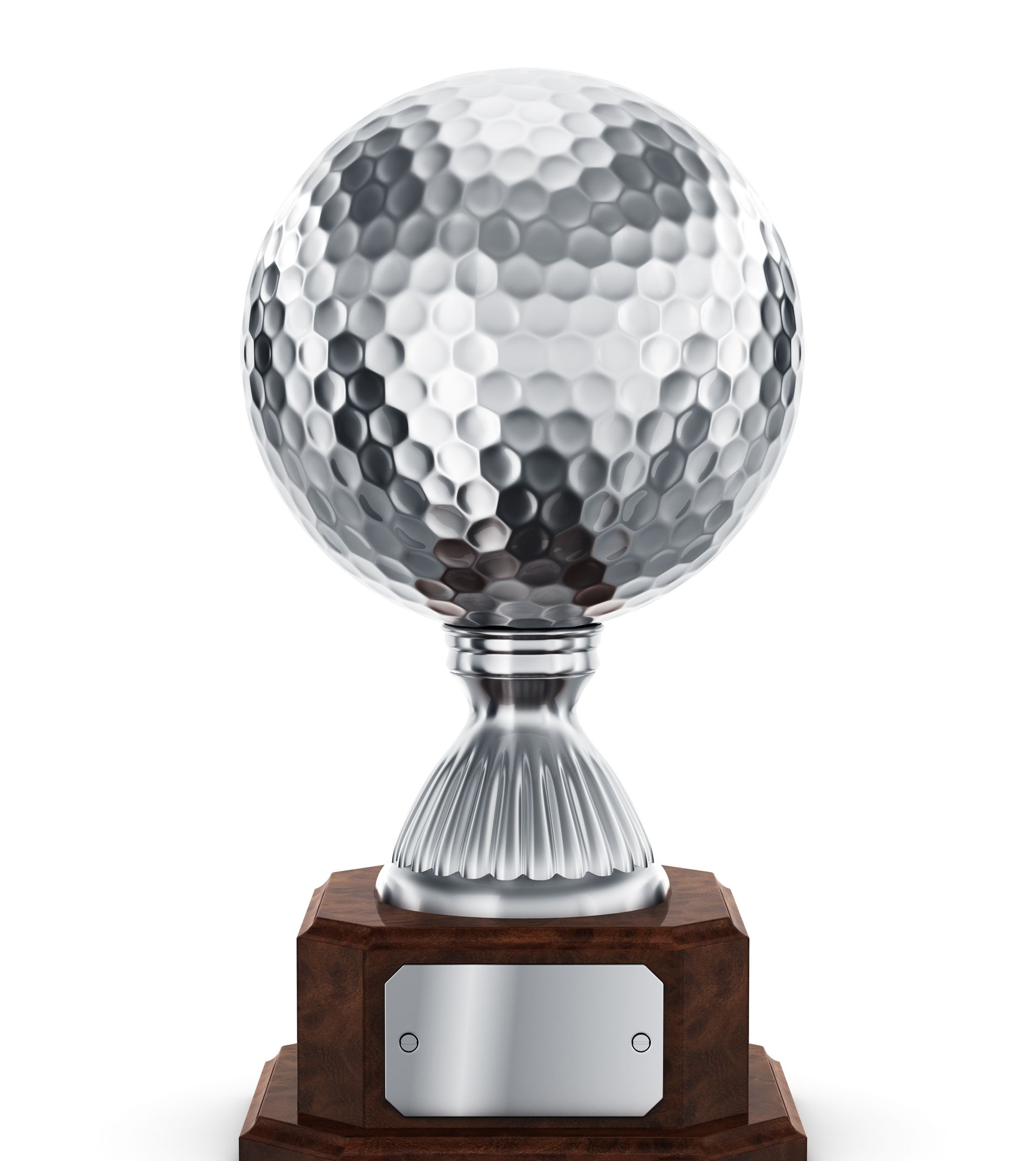 A shiny, metallic golf ball featuring a standard dimpled surface pattern, centered against a plain white background.