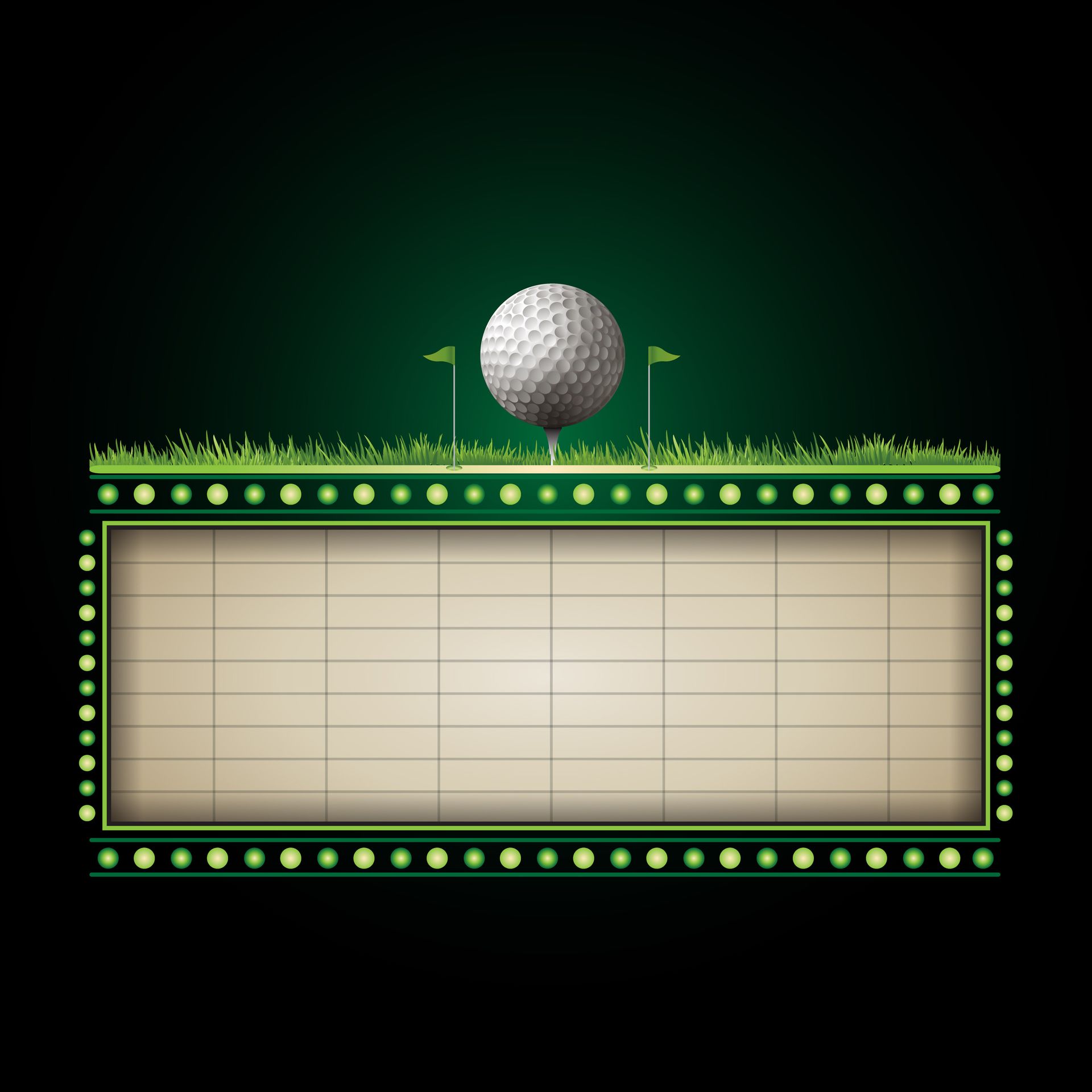A golf ball on a tee sits above a blank, light-colored marquee sign bordered by green lights, set against a dark background.