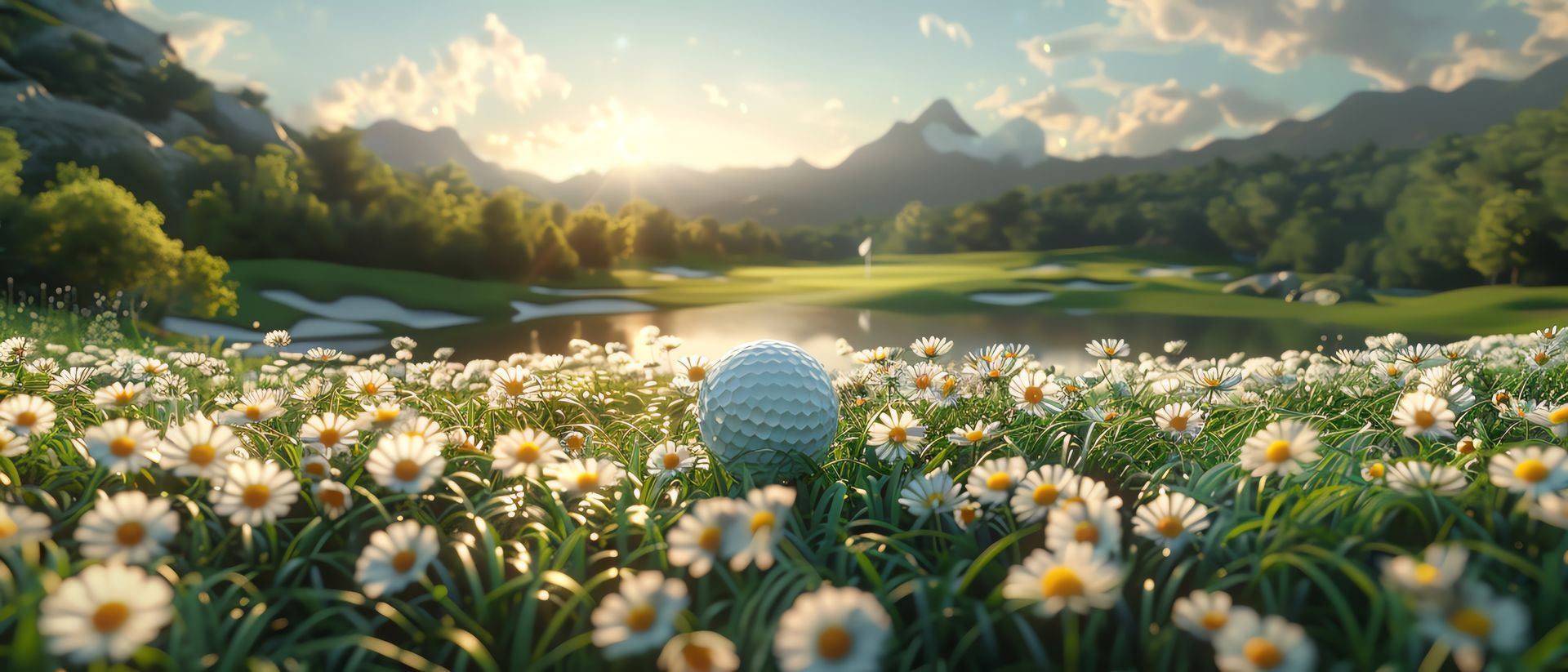A golf ball sits in a field of white daisies overlooking a scenic golf course with a lake and mountains at sunset.