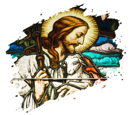 Jesus as the Good Shepherd in stained glass, holding a lamb, with a halo.