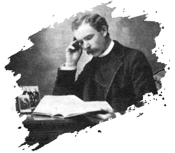 Man with mustache seated, reading a book, resting his head on his hand, a drink nearby.
