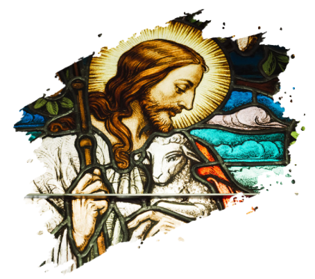 Jesus, with a halo, holding a lamb. Stained glass window with colorful background.