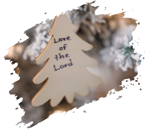 A wooden Christmas tree ornament with 