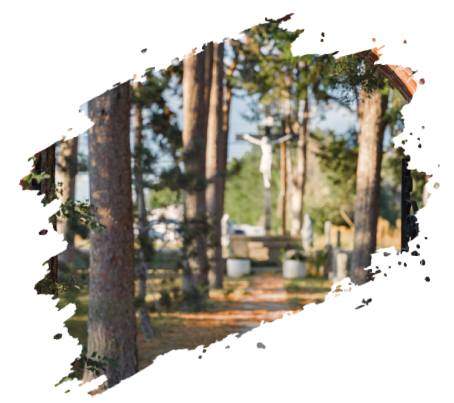 Pathway through a forest leading to a crucifix. Tall trees frame the scene.