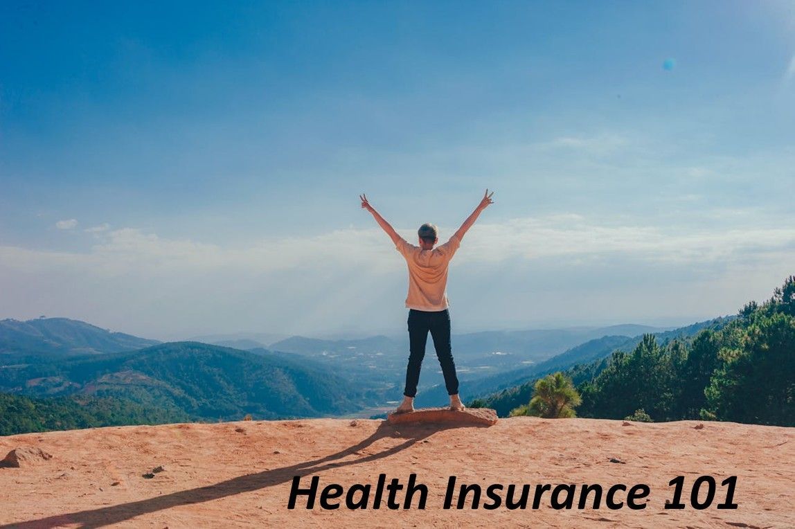 Person with arms raised on a mountain overlook under a blue sky, with “Health Insurance 101” text.
