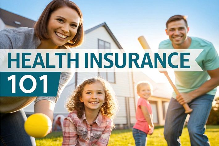 Family in a sunny yard with “HEALTH INSURANCE 101” text overlay