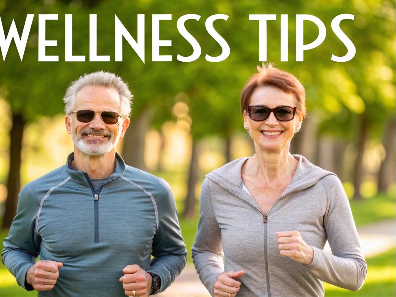 Two smiling runners in sunglasses jogging outdoors with “WELLNESS TIPS” text above them