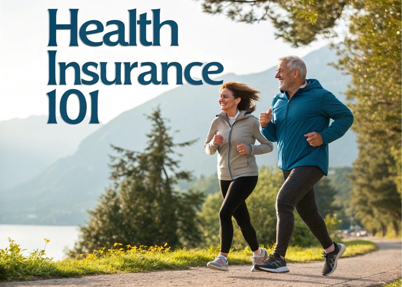 Health Insurance 101 title over two runners on a lakeside path with mountains in the background