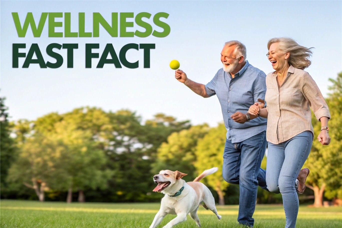 “Wellness Fast Fact” graphic of an older couple jogging with a dog in a sunny park