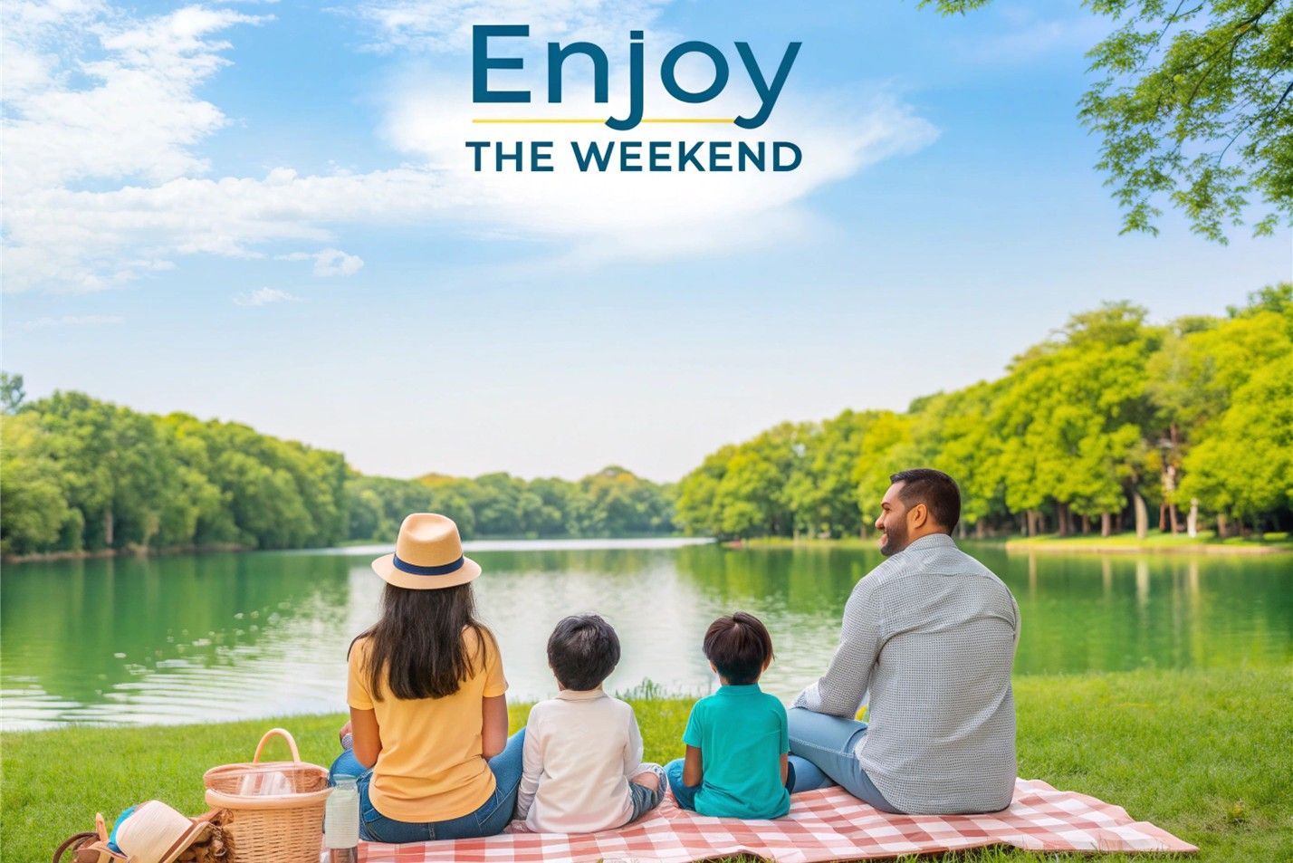 Family sitting on a picnic blanket by a calm lake, with “Enjoy the Weekend” text above them.
