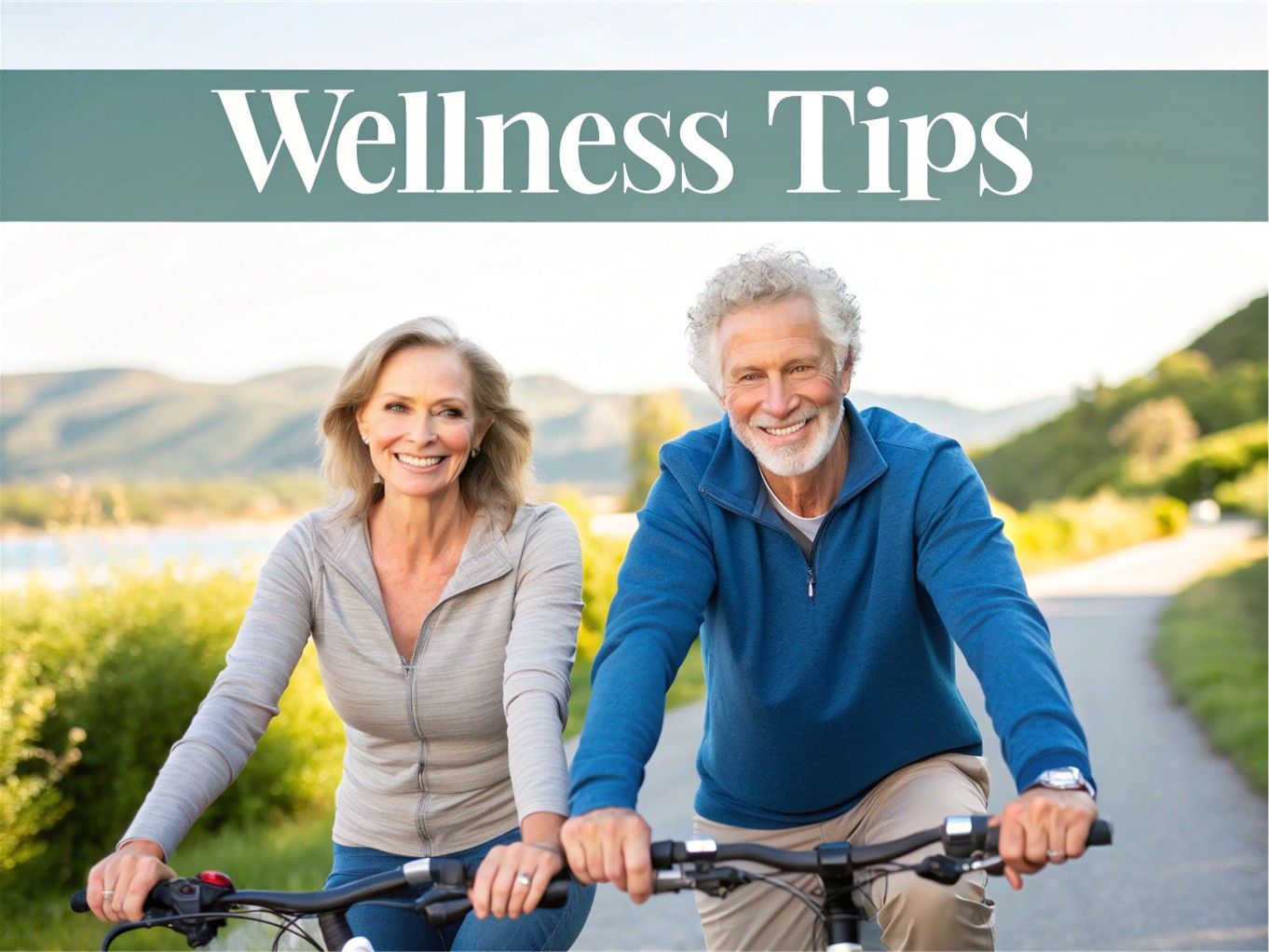 Two smiling cyclists on a trail with “Wellness Tips” banner above