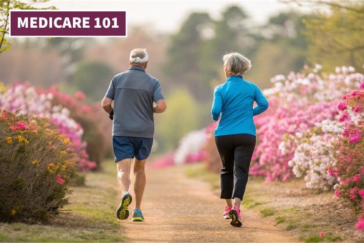 Two people jogging on a flower-lined path with a Medicare 101 label