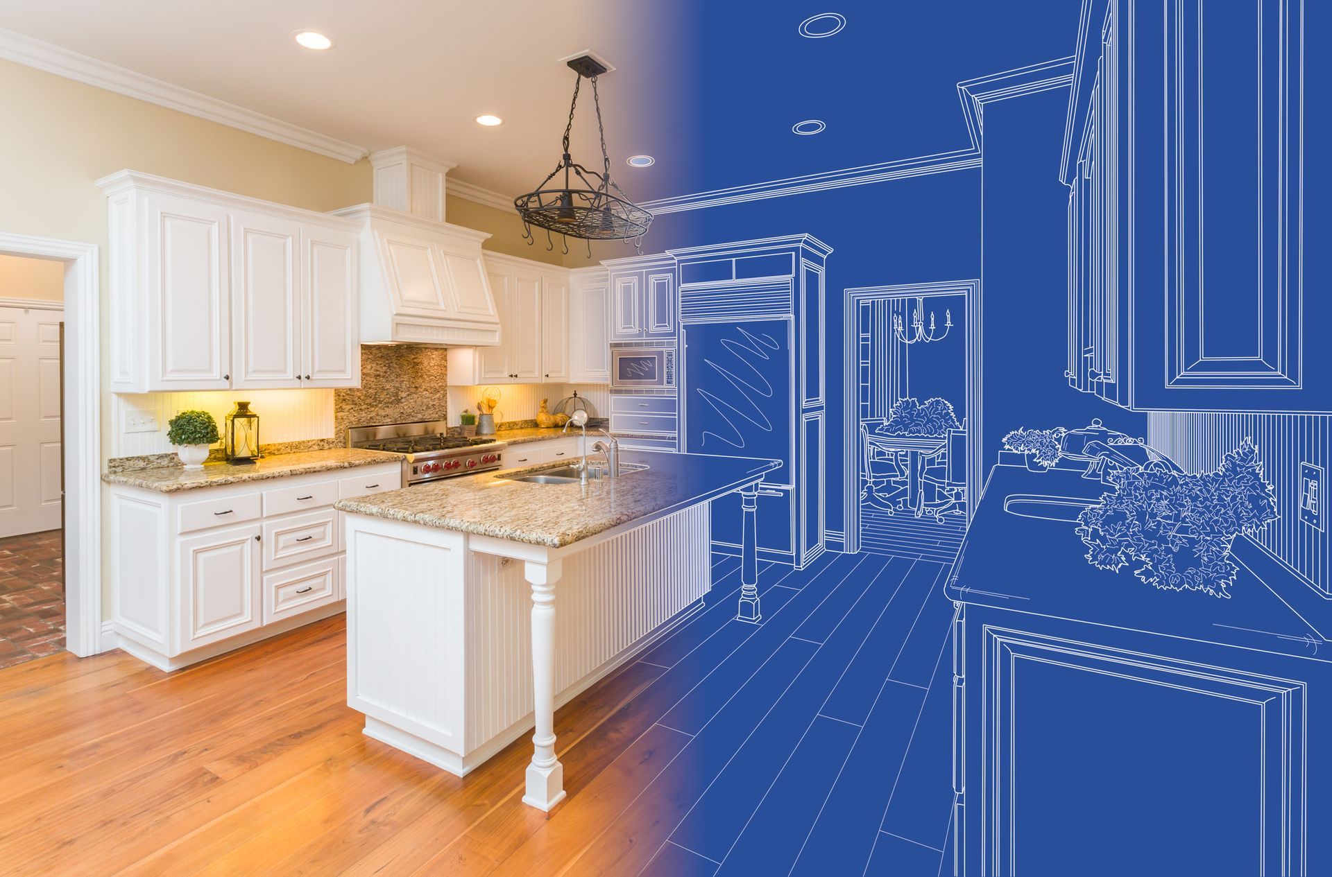 A kitchen with white cabinets and a blueprint of the kitchen.