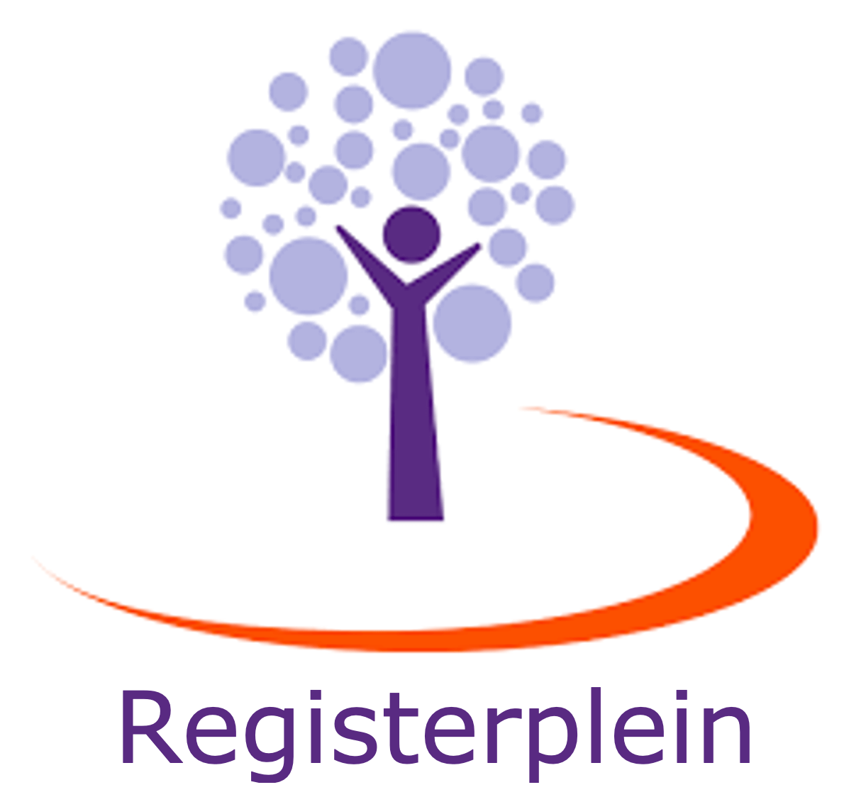 Paars gestileerd boomlogo met een persoon die zijn armen omhoog houdt. Boven de boom staat een reeks paarse cirkels. Onder de boom staat het woord 
