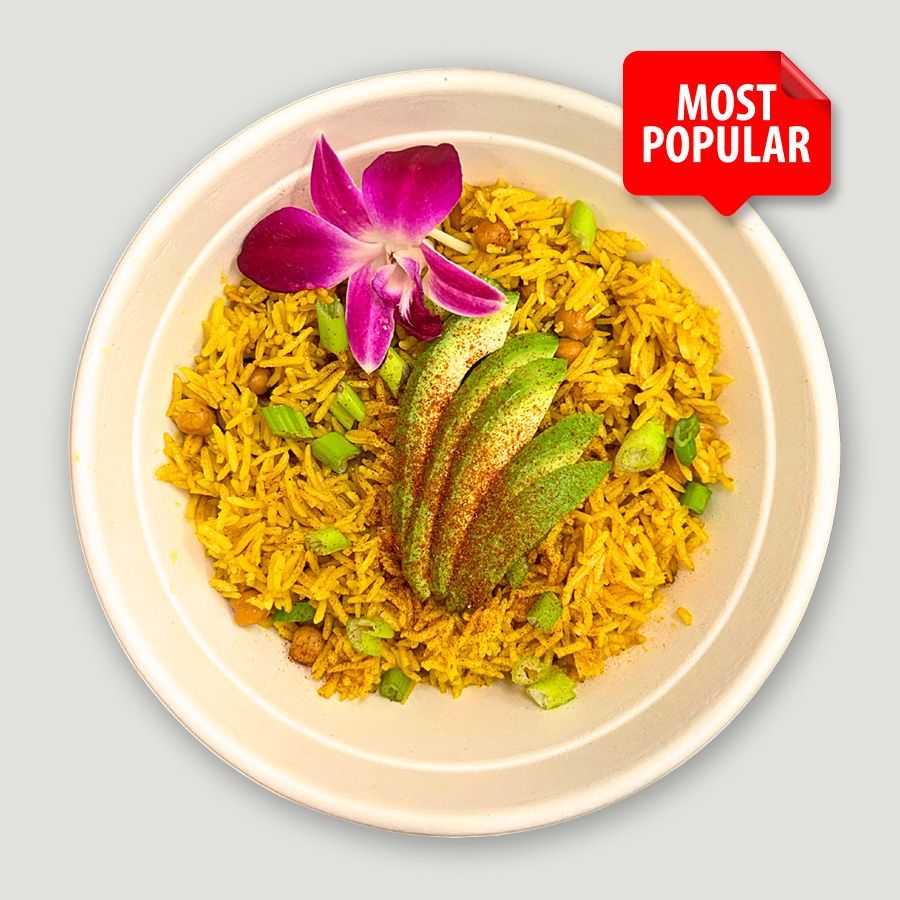 A plate of food with a sticker that says most popular