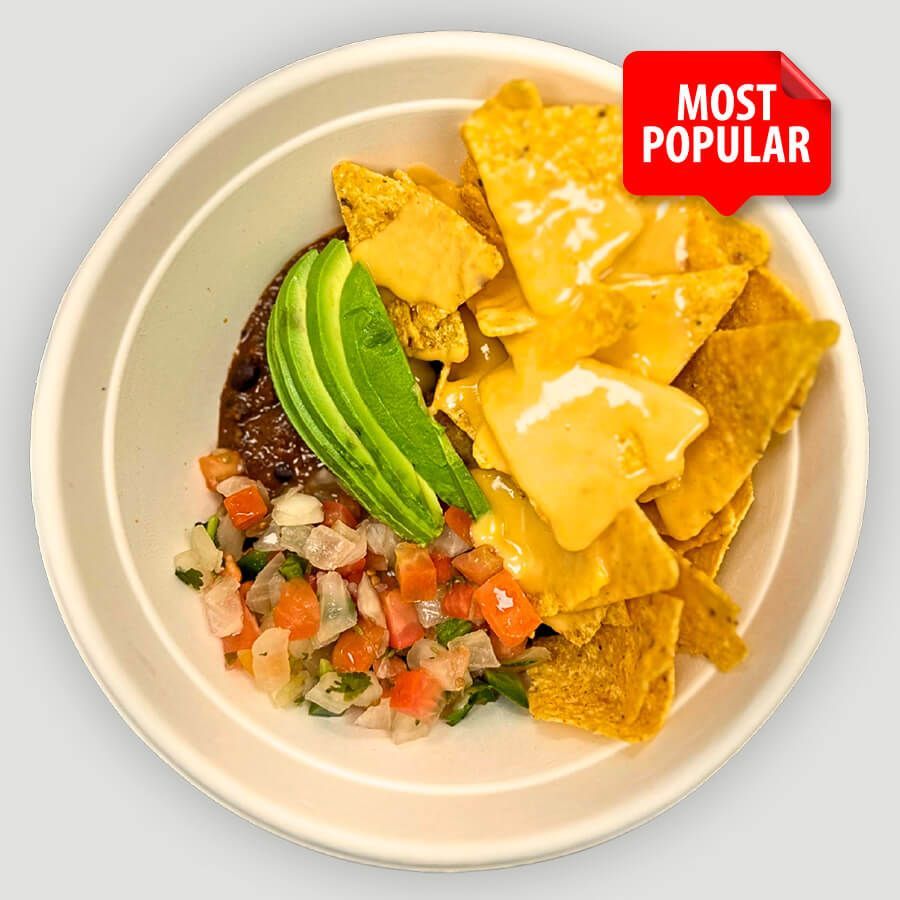 A bowl of food with a red sticker that says most popular