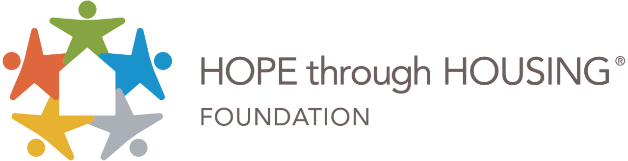 The logo for the hope through housing foundation shows a group of people holding hands.