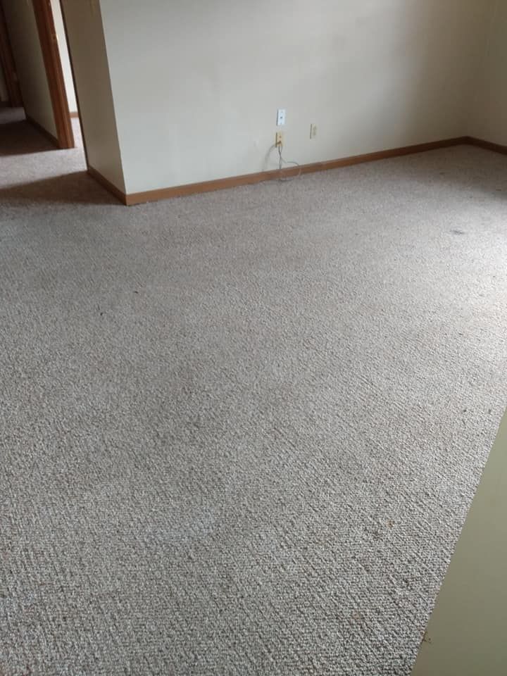 Empty beige-carpeted room with white walls and a doorway on the left