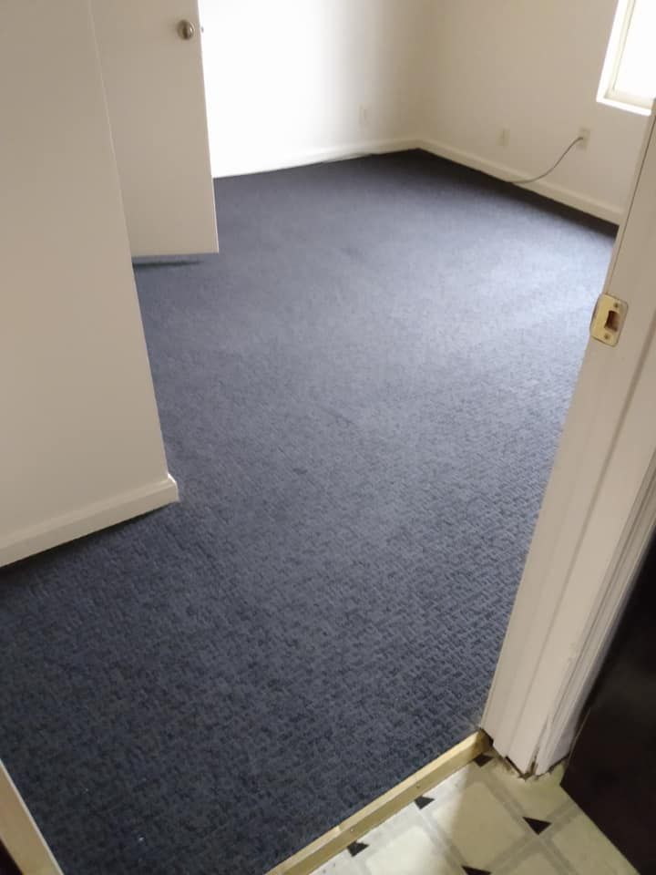 Empty room with dark gray carpet, white walls, and an open door in the foreground