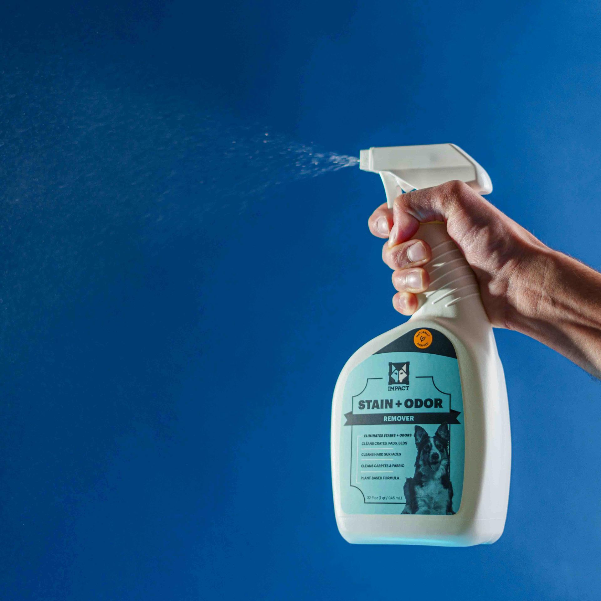 Hand spraying a white pet deodorizer bottle against a blue background