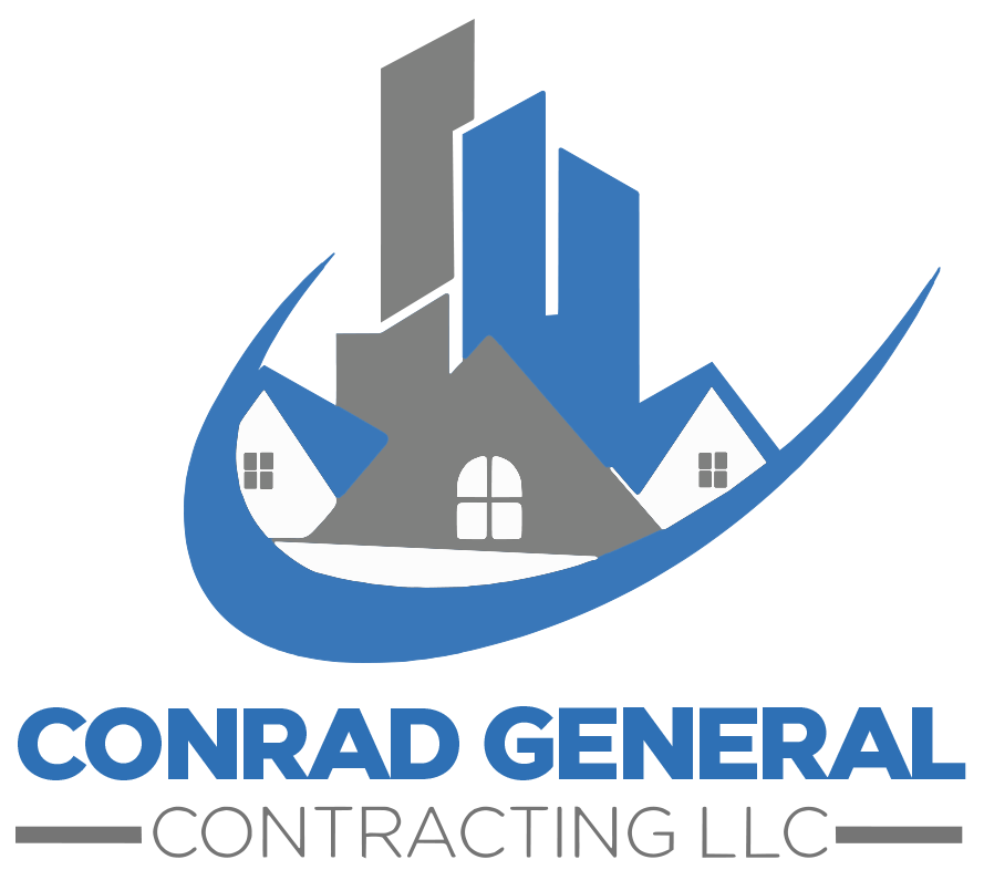 the logo for conrad general contracting llc shows a house and buildings .
