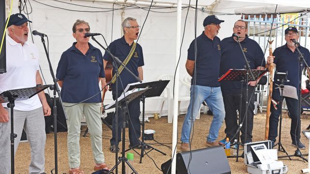 A group of men are singing sea shanties into microphones on a stage.