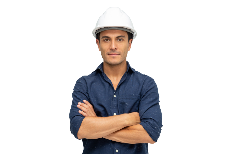Man in hard hat and blue shirt, arms crossed, smiling.