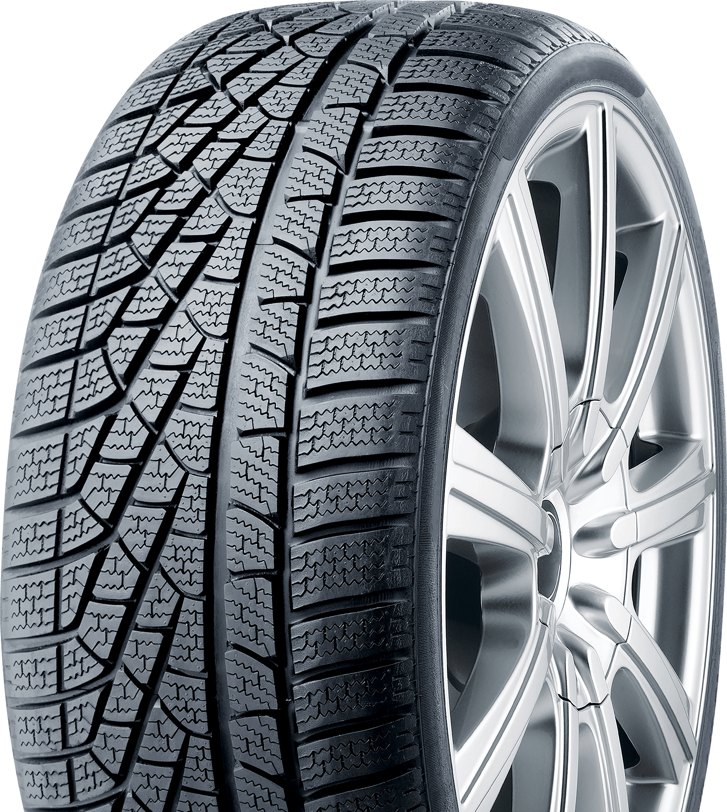 Winter tire with deep tread on a silver alloy wheel, designed for snowy conditions.