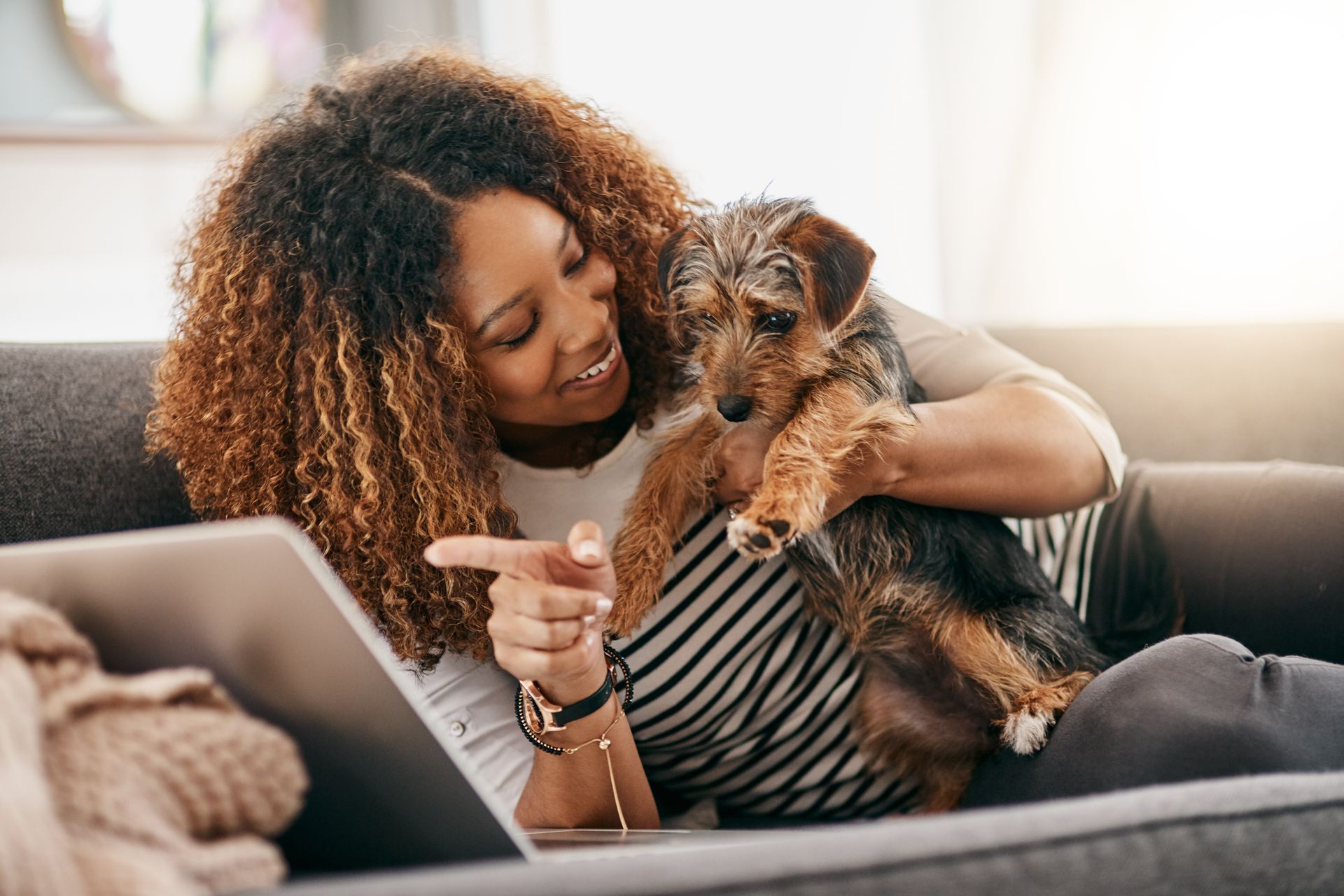 A woman is sitting on a couch with a dog and a laptop.