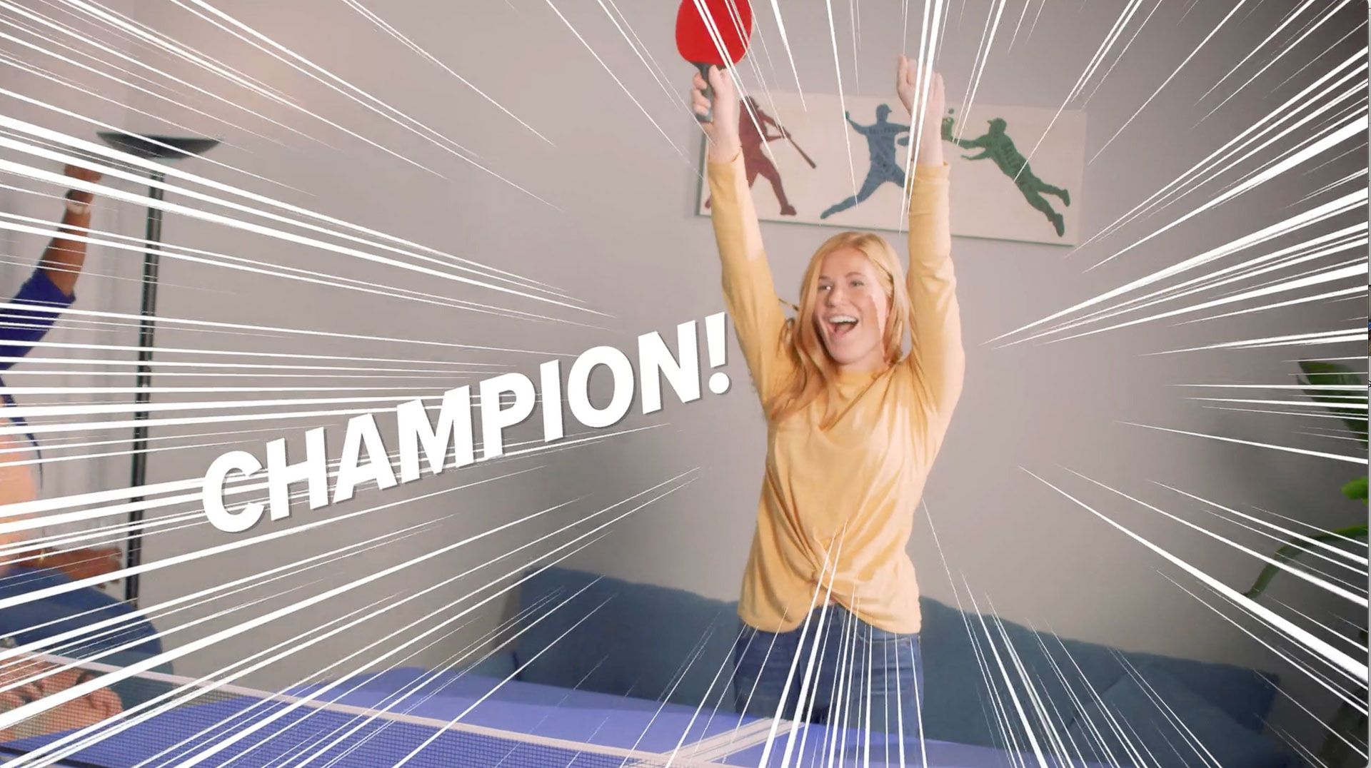 A woman is holding a tennis racket in her hands and says champion.