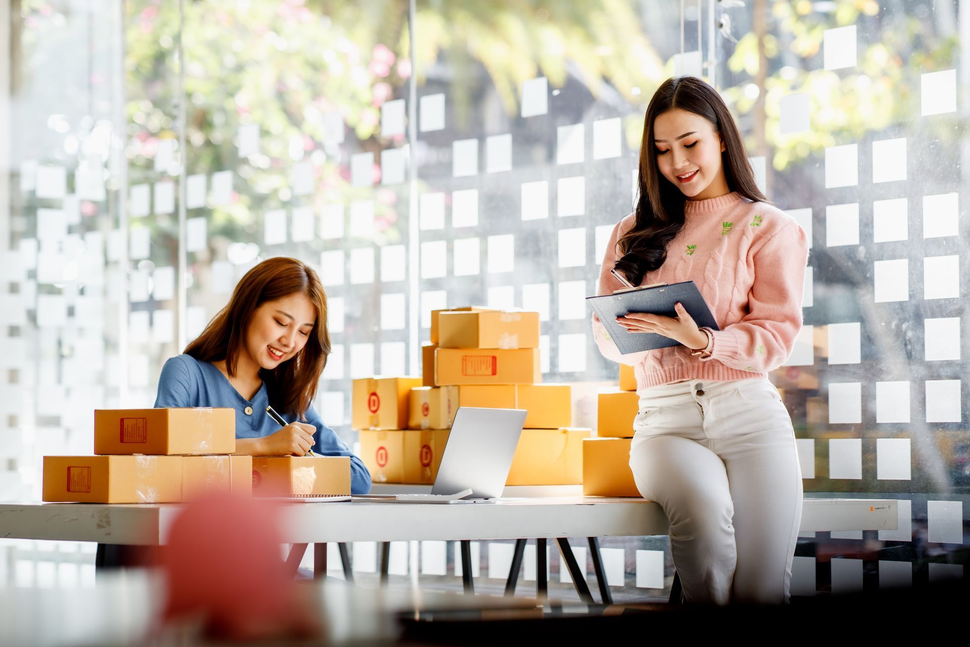 Two women are sitting at a table with boxes and a laptop.